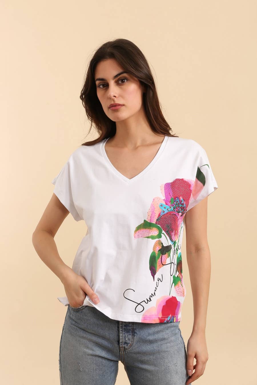 Attrait Summer Floral Cotton White T-Shirt