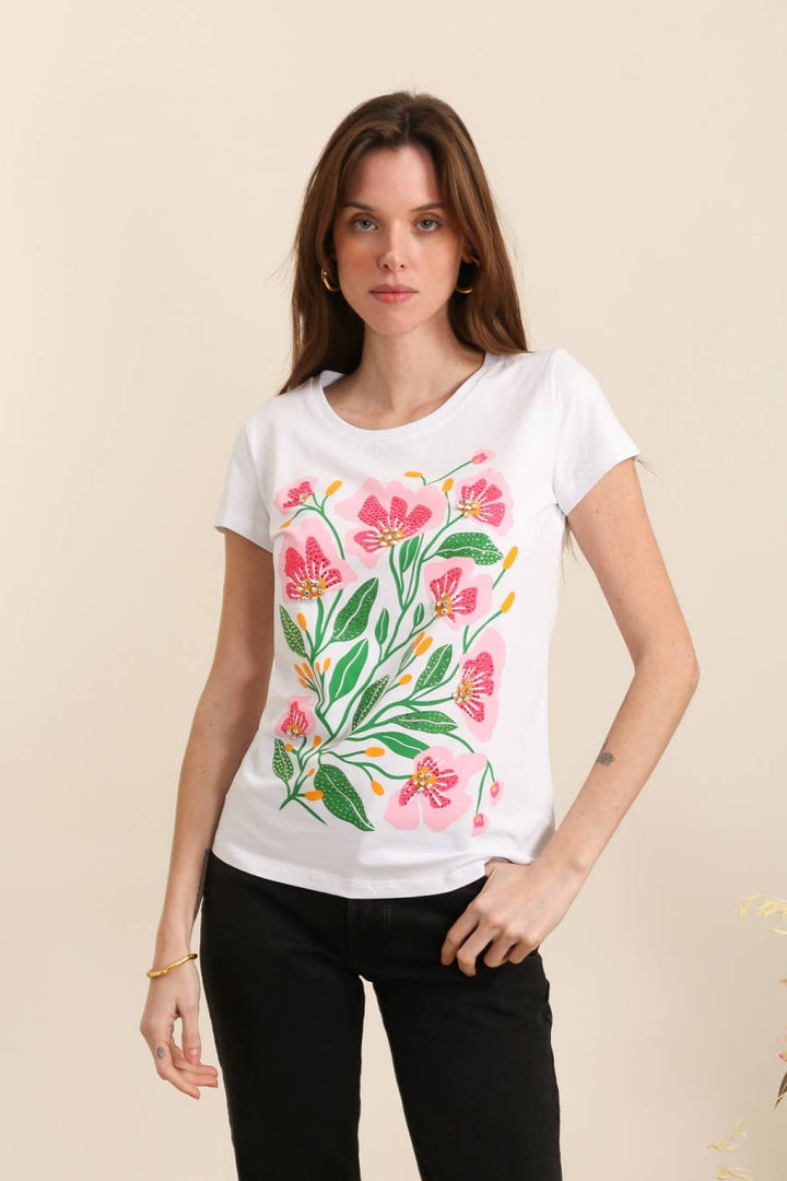 Cotton T-shirt Pink Green Flower Design White Pre Order