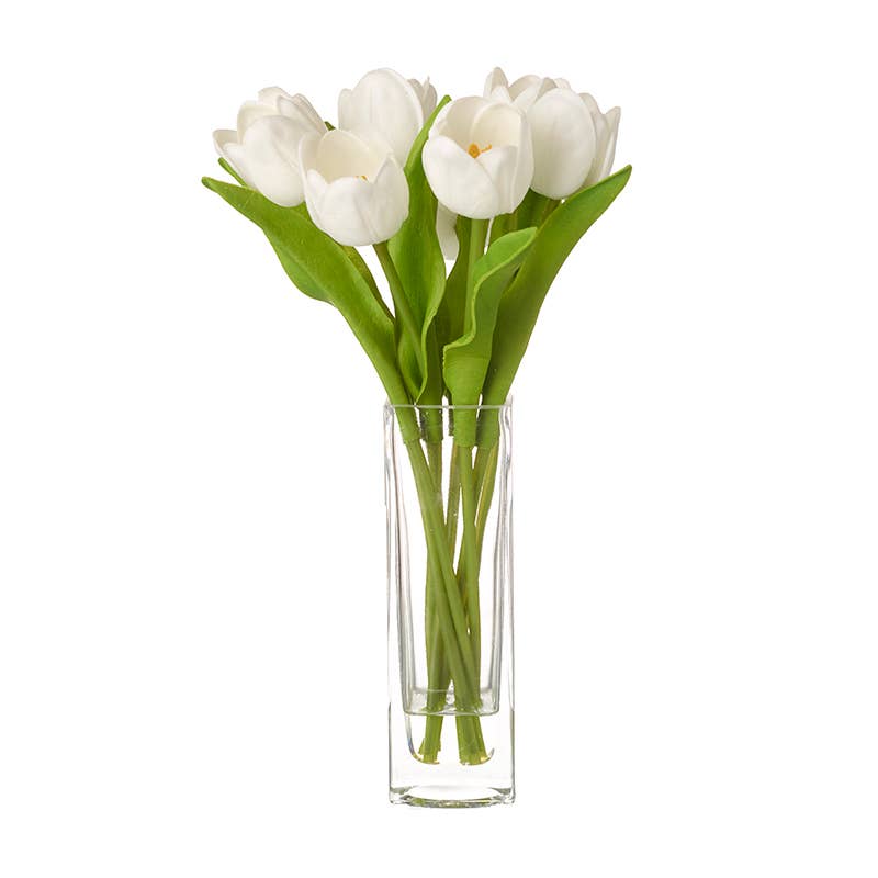 WHITE OPEN TULIP STEMS IN VASE
