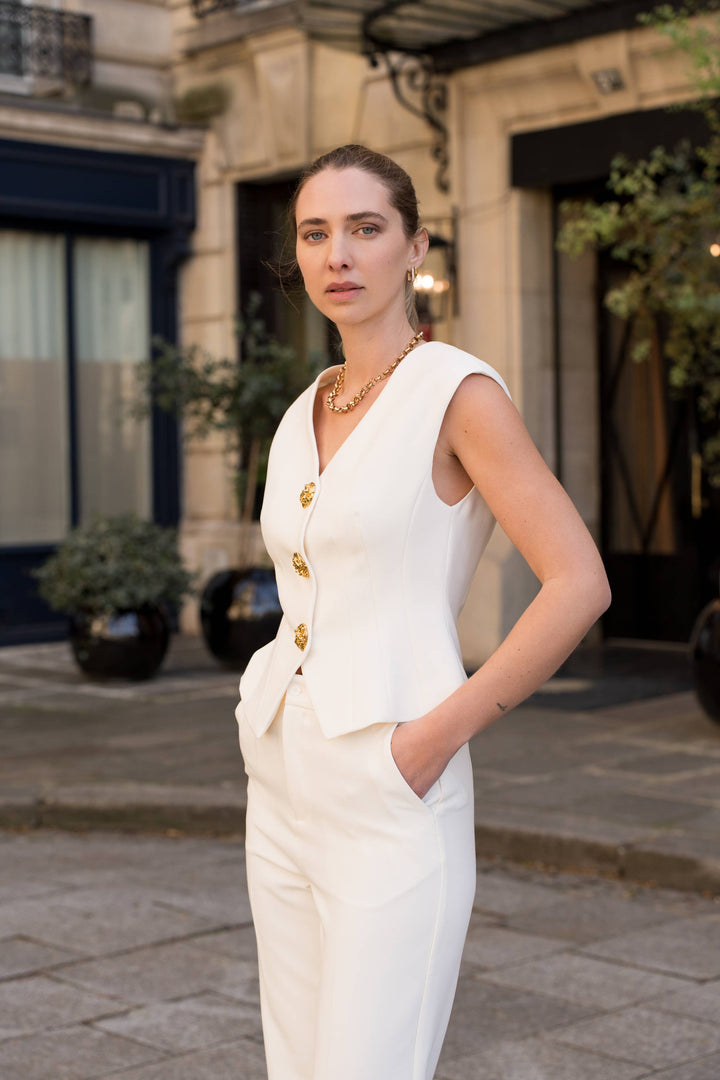 Aura Sleeveless Vest Gold Buttons Off White