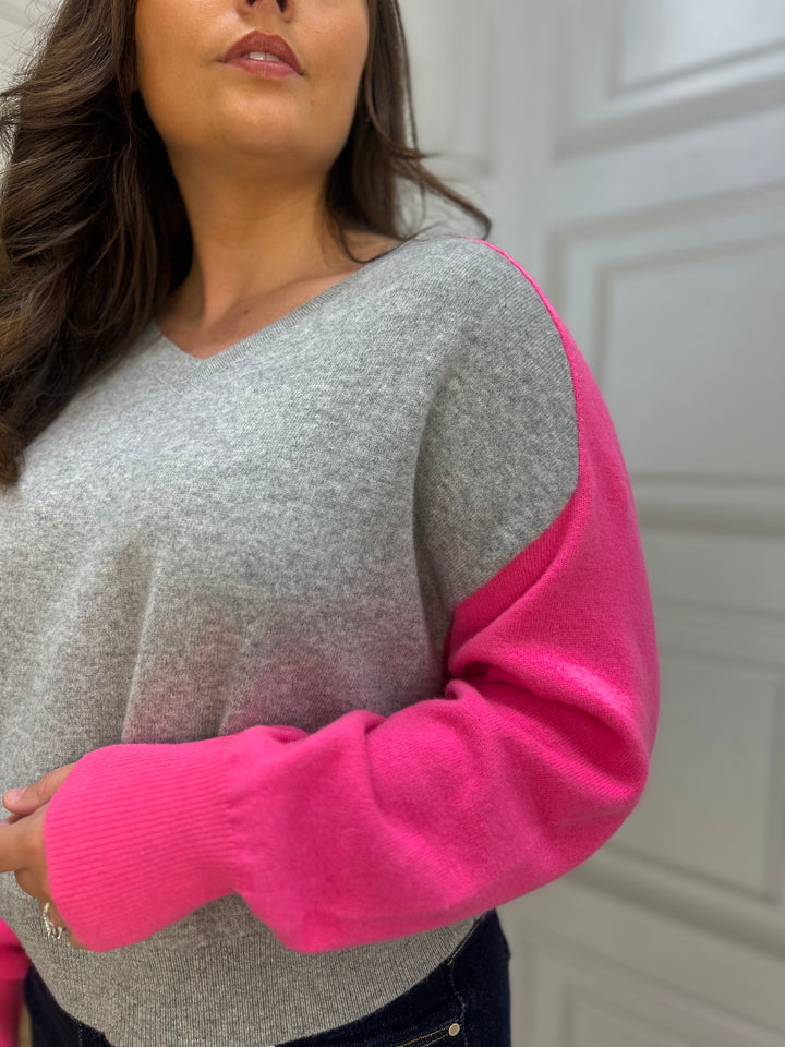 Twins Wheatridge Pearl Grey/Neon Pink Long Sleeve V-Neck Pullover