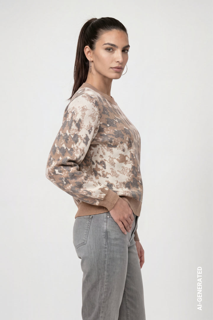 Monari Brown Sugar Houndstooth Jacquard Pattern Knitted Jumper