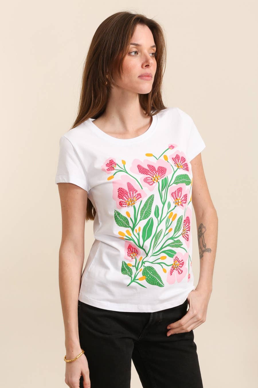 Cotton T-shirt Pink Green Flower Design White Pre Order