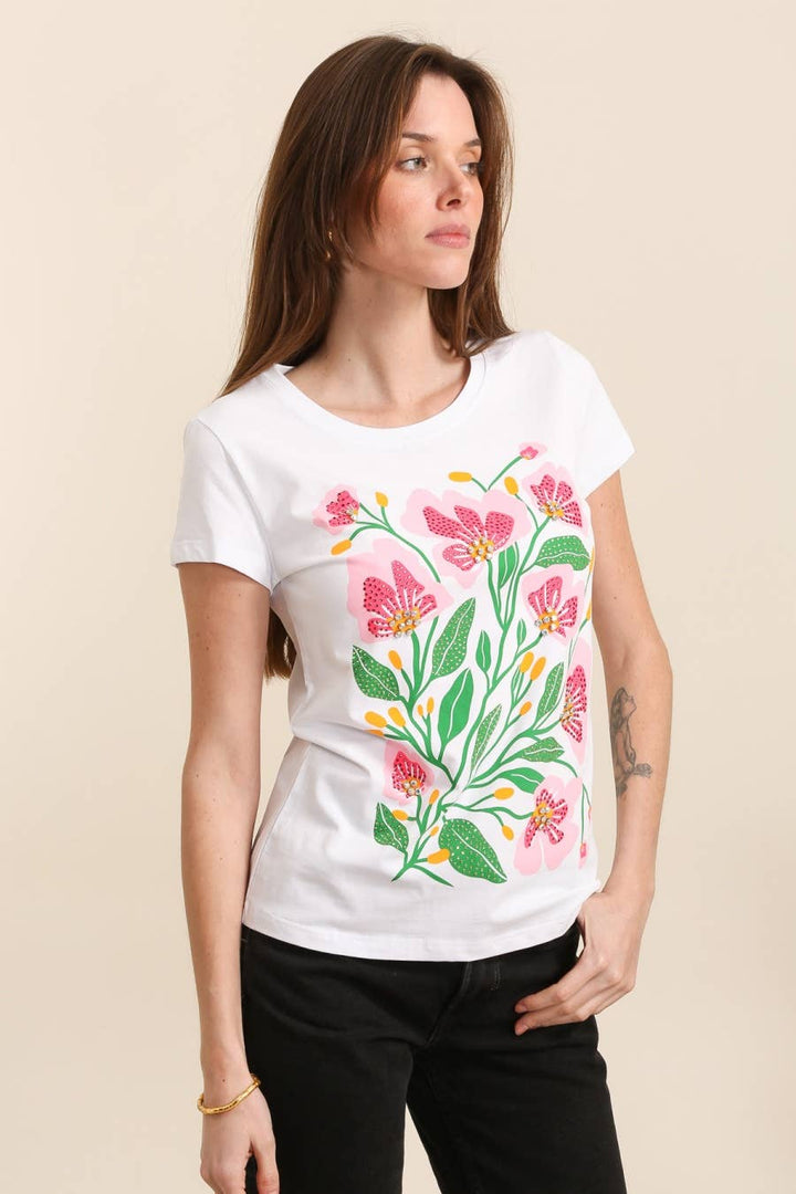 Cotton T-shirt Pink Green Flower Design White Pre Order