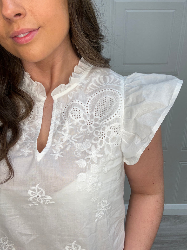 Salsa White Embroidered Ruffle Top