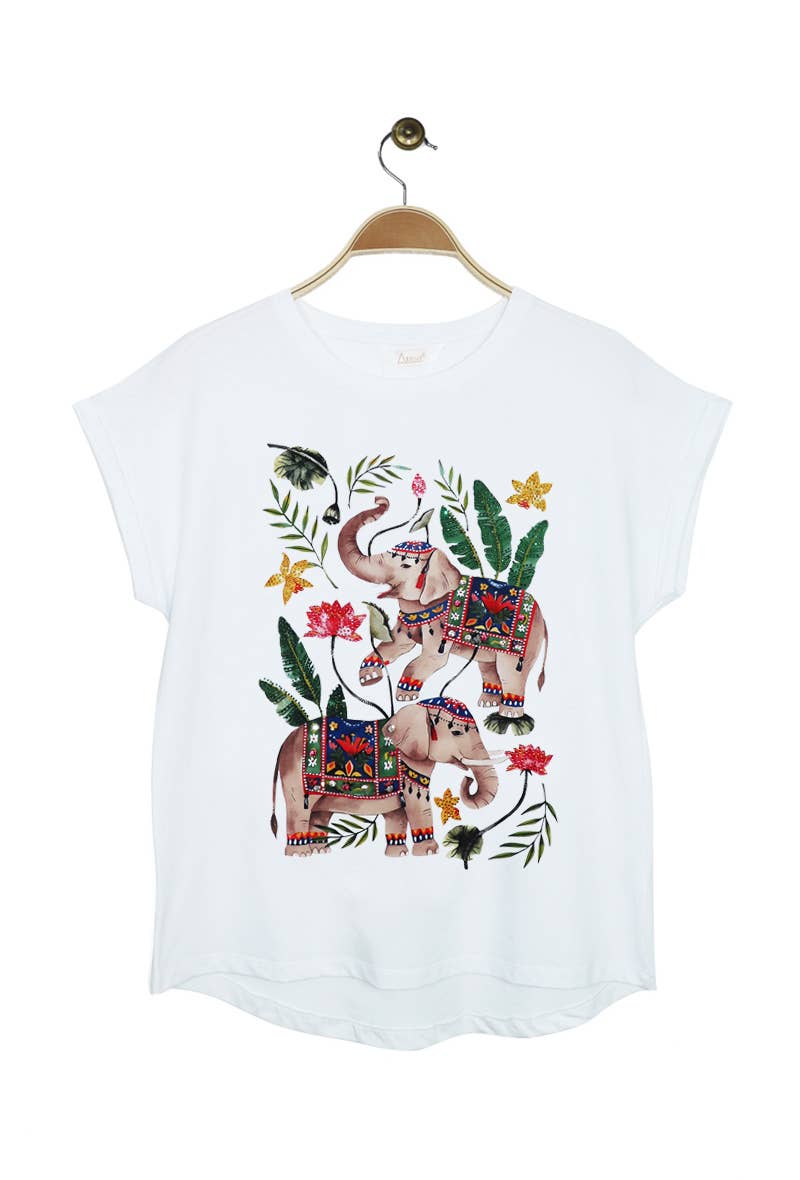 Attrait Cotton White Embossed Elephant Print T-Shirt - Pre order