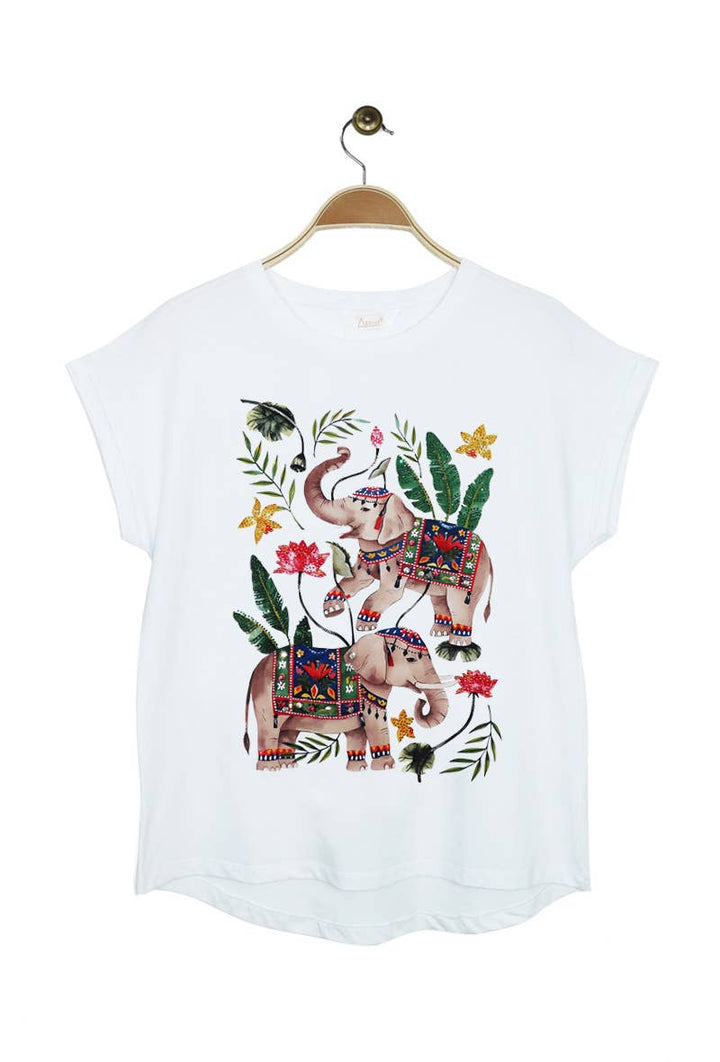Attrait Cotton White Embossed Elephant Print T-Shirt - Pre order