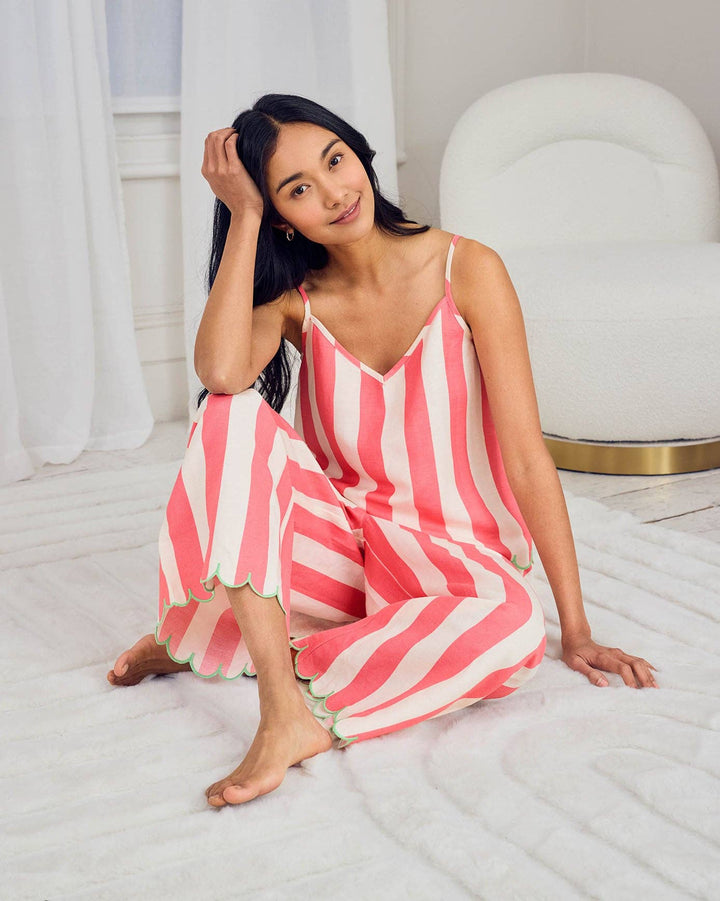 Linen Blend Scallop Edge Stripe Long Pyjama Set