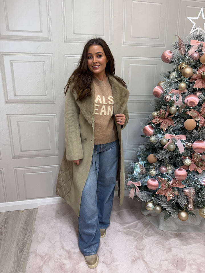 Guess Beige Qulited Long Quilted Faux Fur Coat