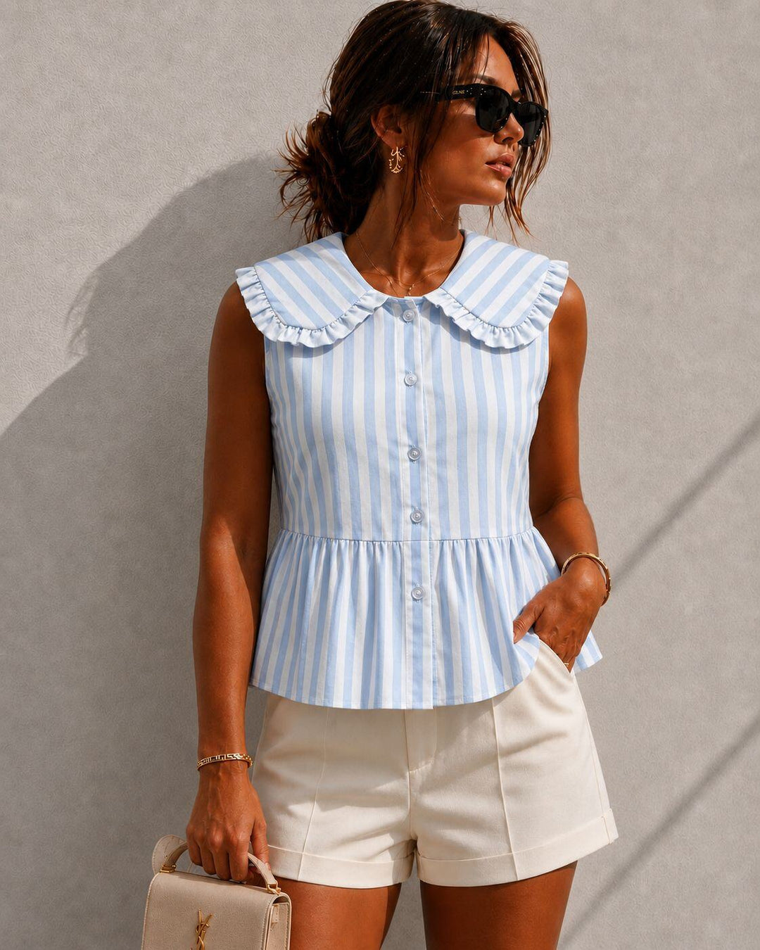 Lucie Striped Blouse Ruffle Collar Blue