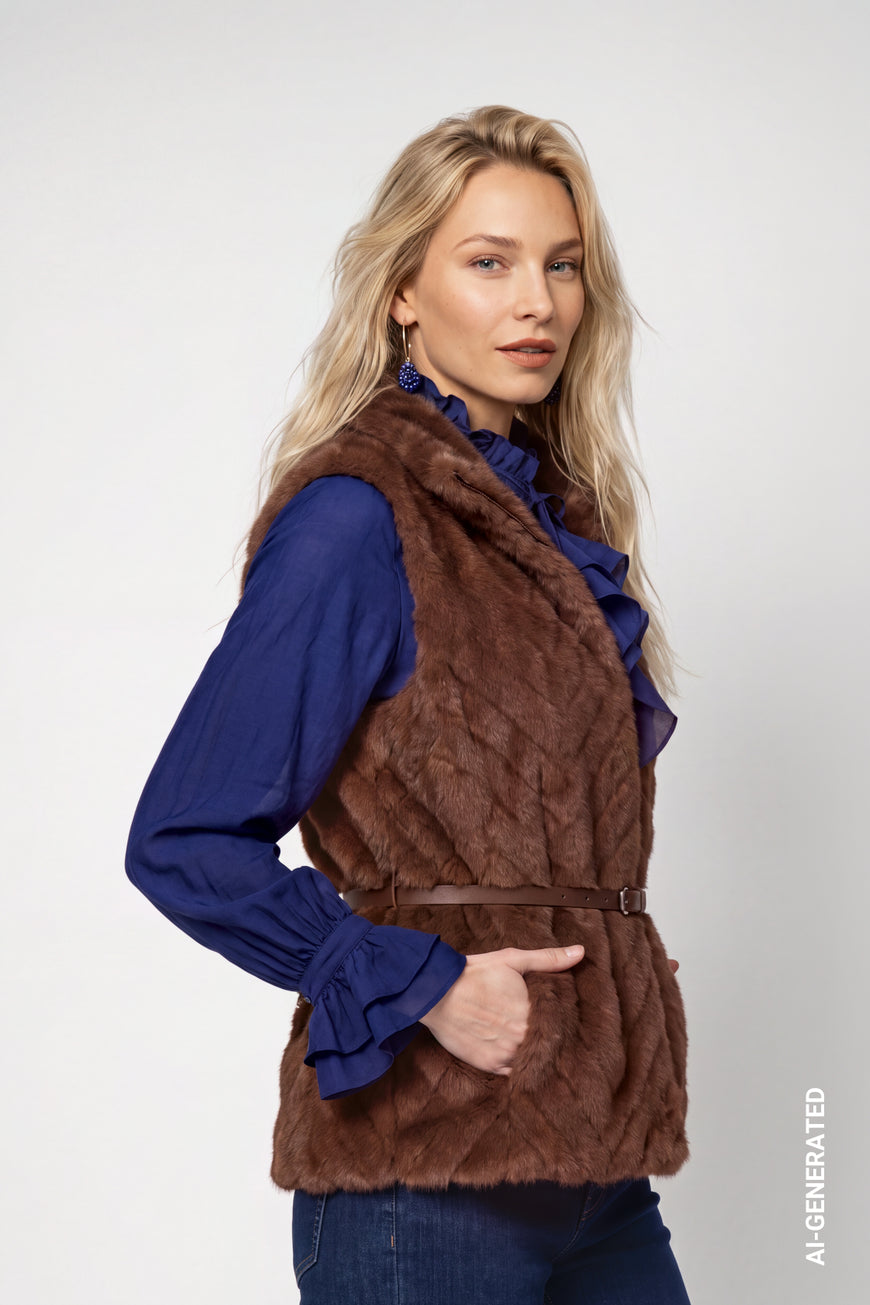 Monari Faux Fur Belted Waist Coat | Dark Tiramisu