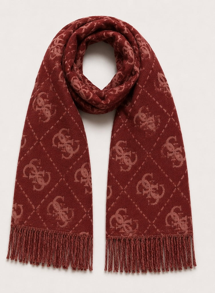 Guess Nolana Burgundy Red 4G Logo Fringed Scarf