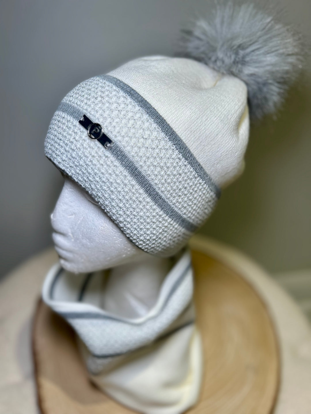 Perfect Hat & Snood Set – Winter White with Silver Grey Trim