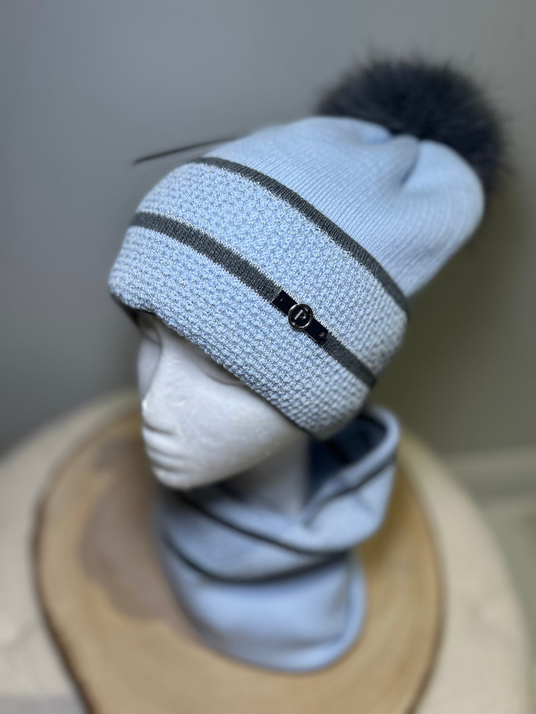 Perfect Hat and Snood Set – Soft Blue & Charcoal Stripes