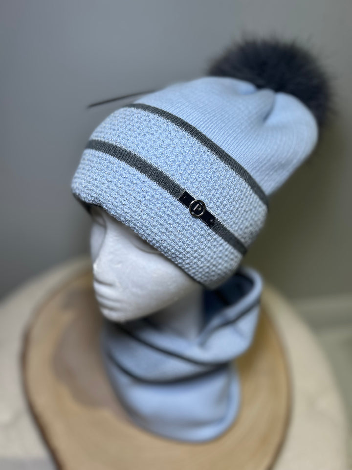 Perfect Hat and Snood Set – Soft Blue & Charcoal Stripes