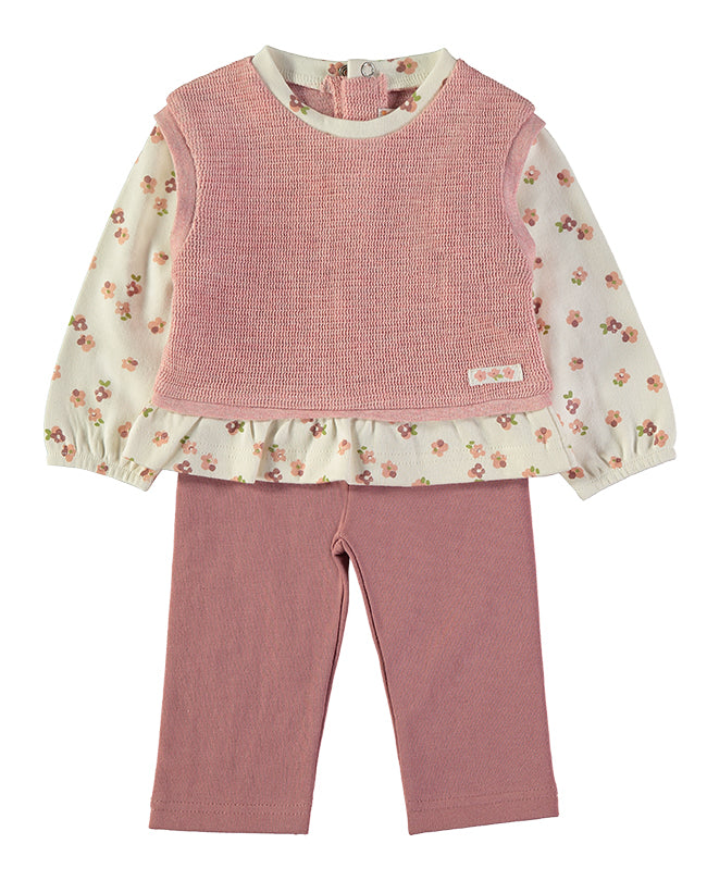 Babybol Faux-Layer Knit Vest Floral Top &amp; Leggings 2-Piece Set | Dusty Pink