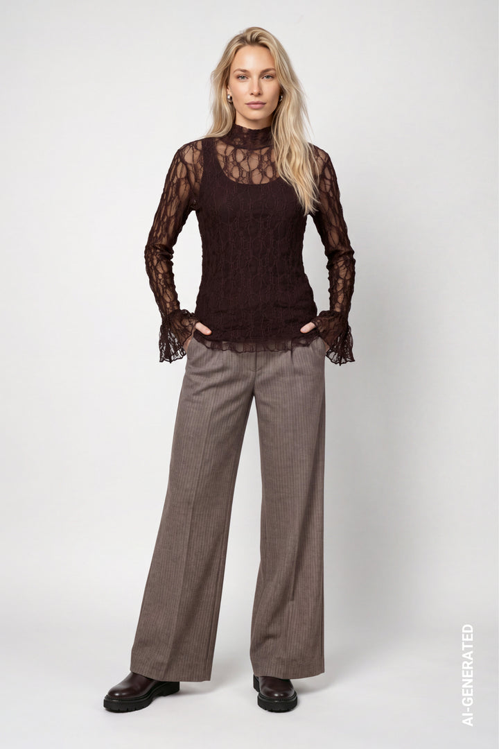 Monari Lace Long Sleeve Top |Dark Brown