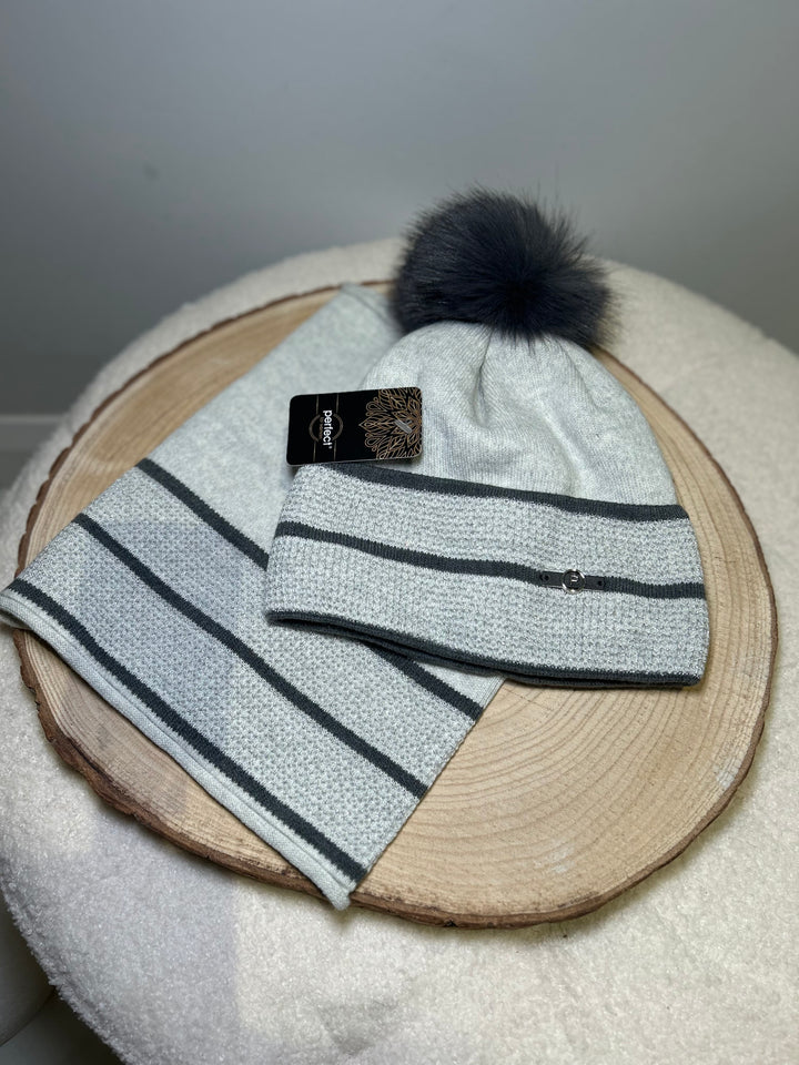 Perfect Hat and Snood Set – Grey with Charcoal Stripes