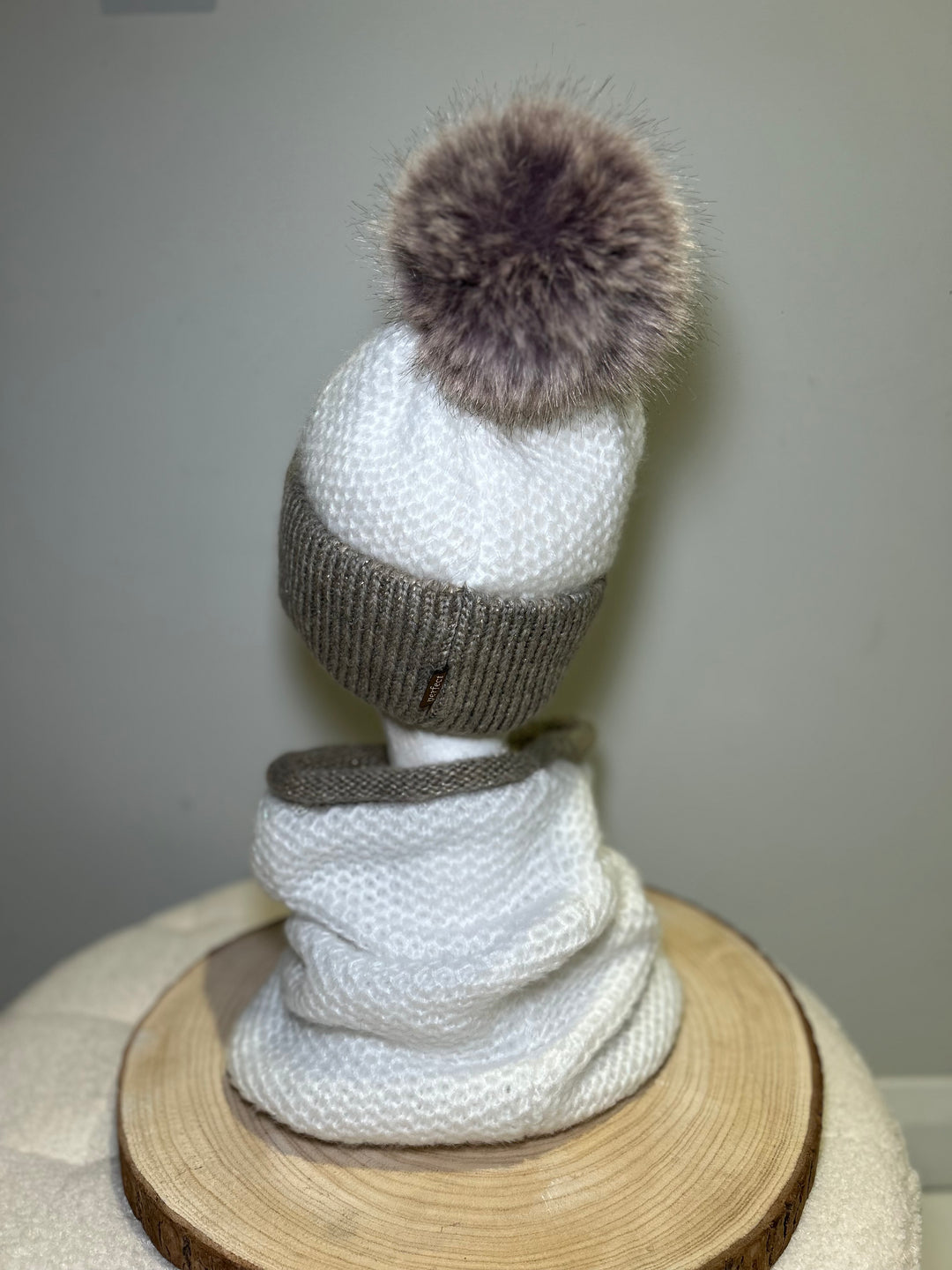 Perfect Winter White & Taupe Knit Hat and Snood Set