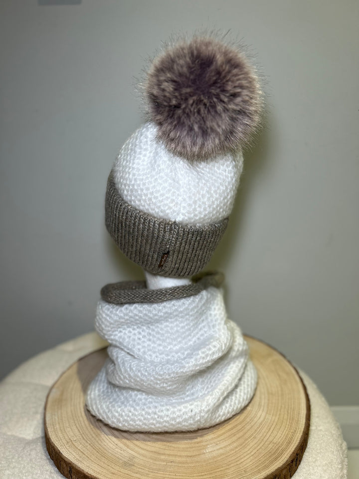 Perfect Winter White & Taupe Knit Hat and Snood Set