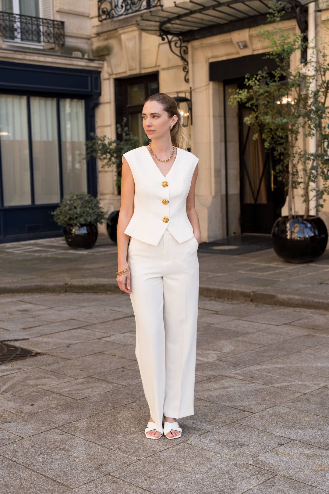 Aura Sleeveless Vest Gold Buttons Off White
