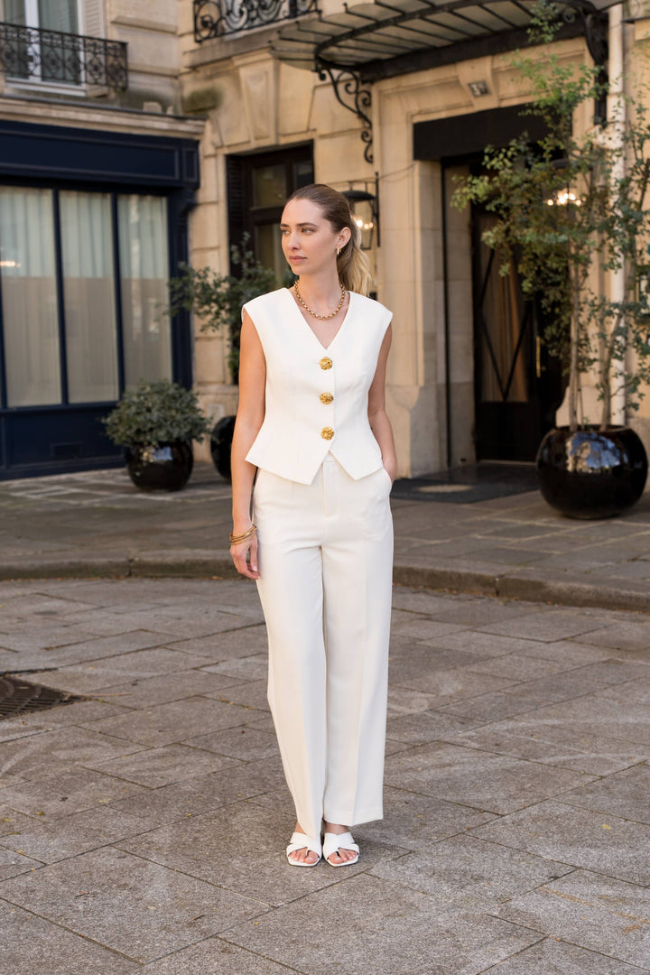 Aura Sleeveless Vest Gold Buttons Off White
