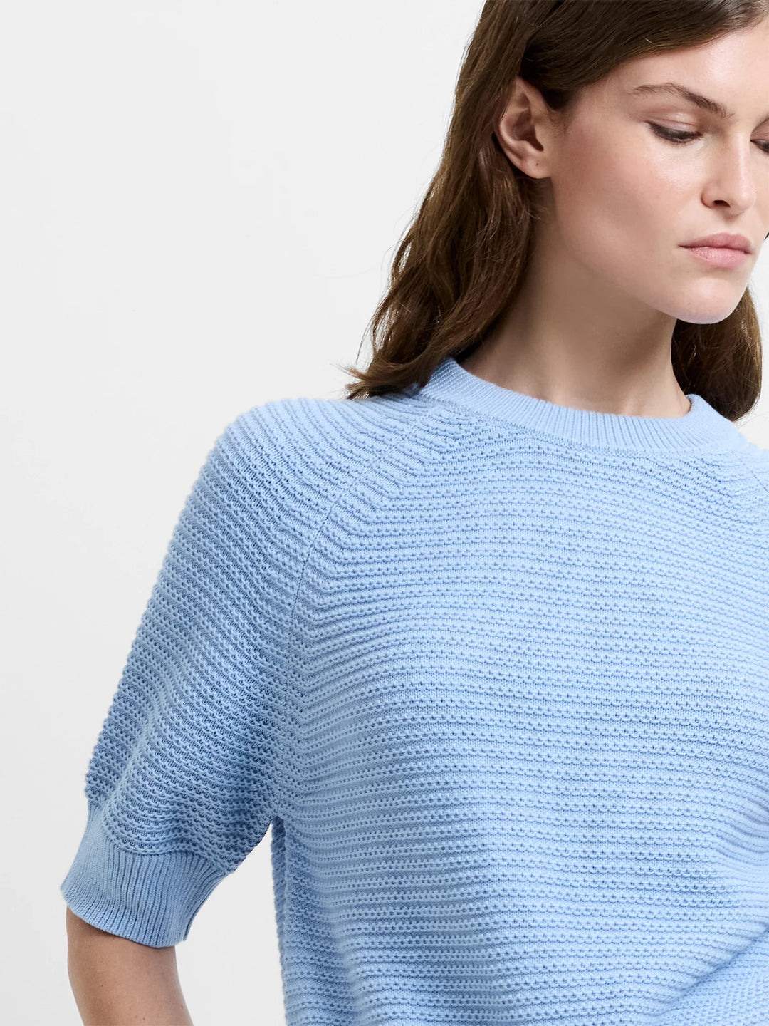 French Connection Lily Mozart Short Sleeve Purl Knit Jumper | Pretty Blue