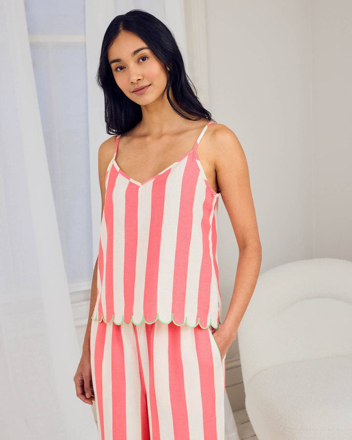Linen Blend Scallop Edge Stripe Long Pyjama Set