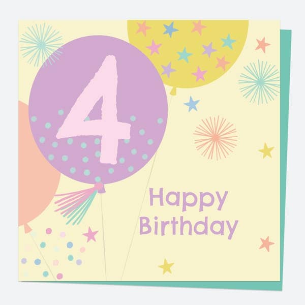Kids Birthday Card - Girls Balloons Age 4