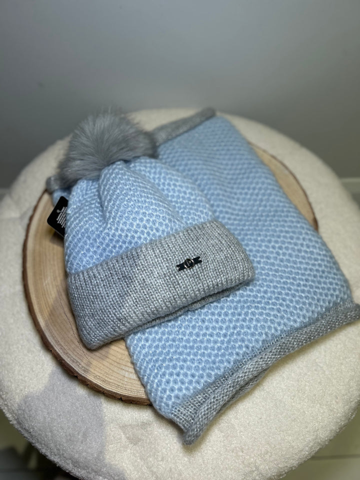 Perfect Powder Blue & Grey Knit Hat and Snood Set