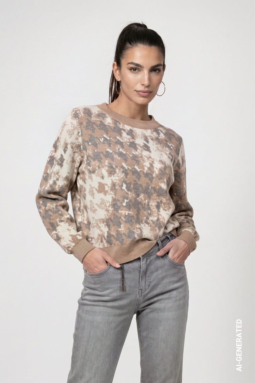 Monari Brown Sugar Houndstooth Jacquard Pattern Knitted Jumper
