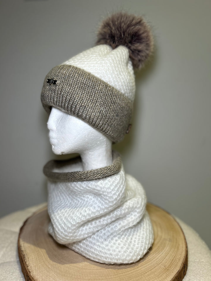 Perfect Winter White & Taupe Knit Hat and Snood Set