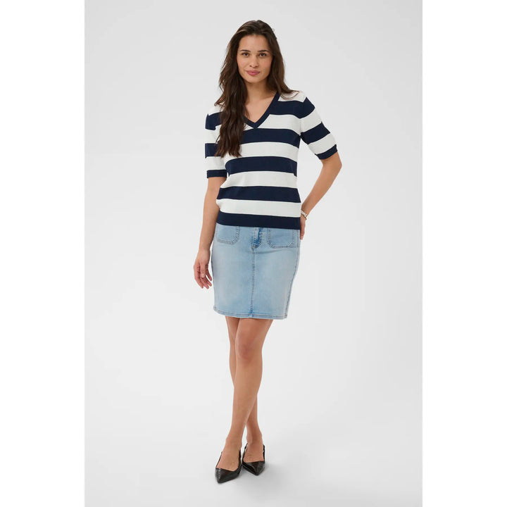 Kaffe KAregina Stripe V-neck Pullover | Midnight/Chalk