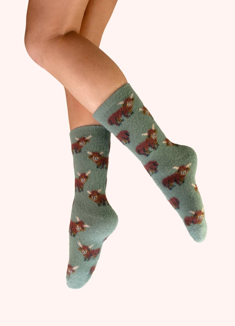 Powder Highland Cow Fuzzy Socks