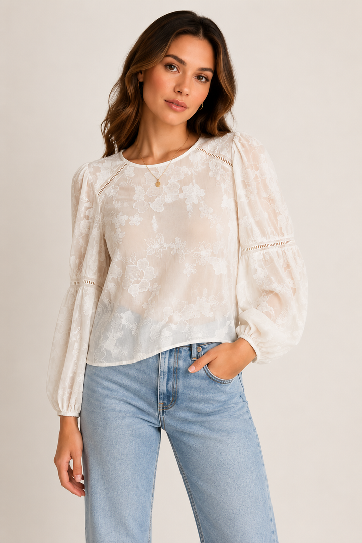 Guess Brigitte Off White Embroidered Top
