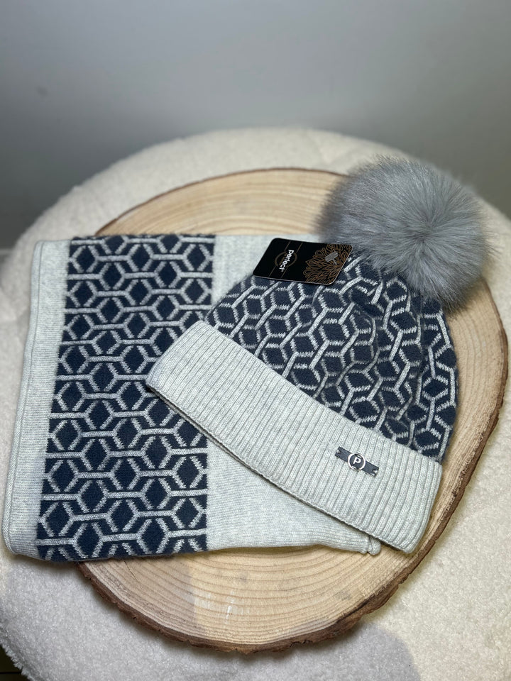 Perfect Hat & Snood Set - Grey Tone Geometric Pattern