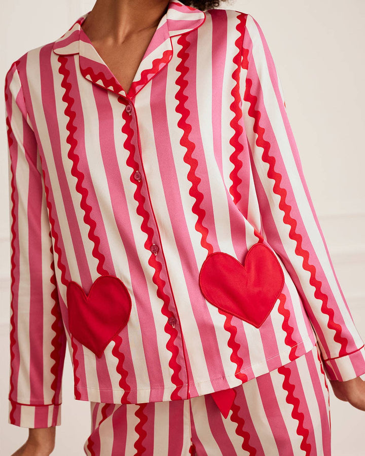 Satin Heart Pocket Striped Long Pyjama Set: Pink / UK 8 to