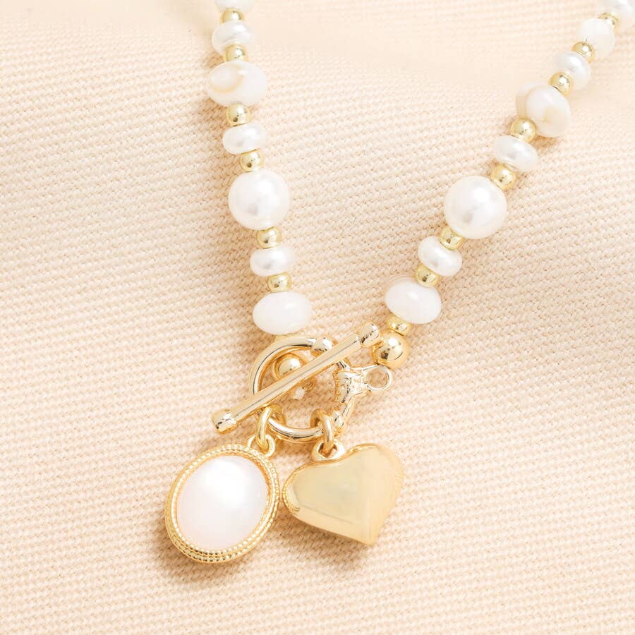 Semi Precious Beaded Pearl Heart Charm Necklace in Gold