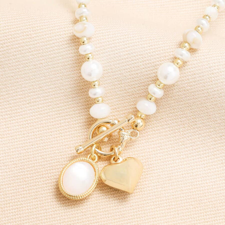 Semi Precious Beaded Pearl Heart Charm Necklace in Gold