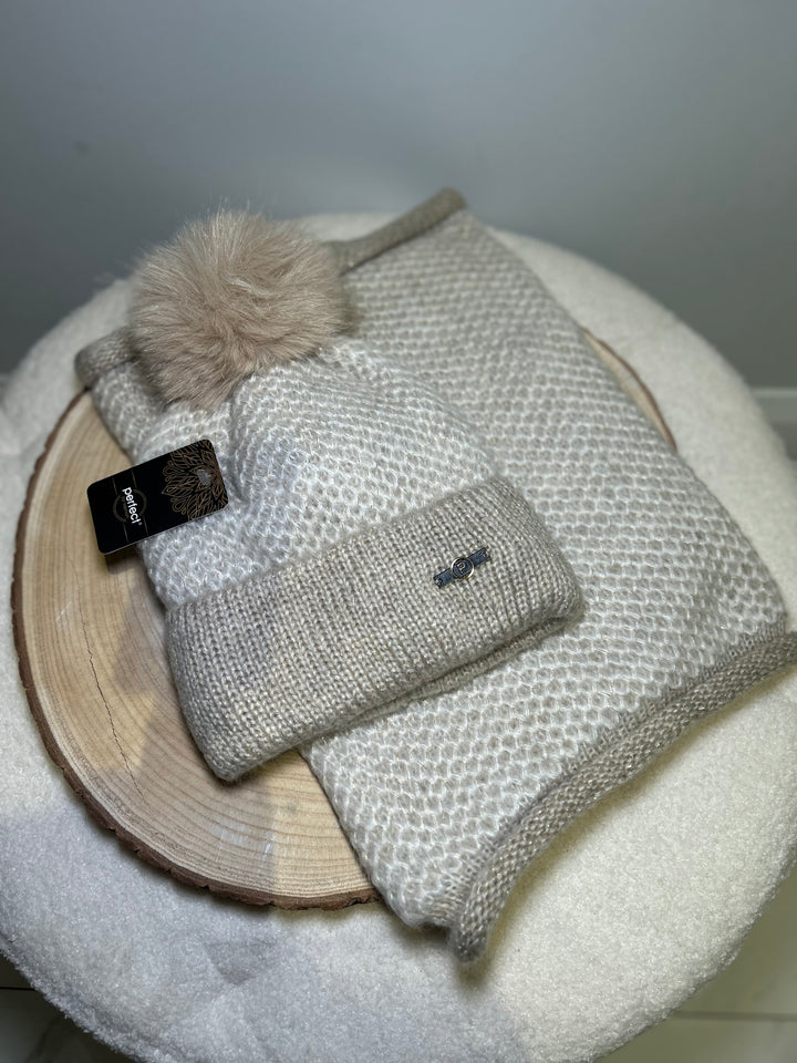 Perfect Cream & Beige Knit Hat and Snood Set