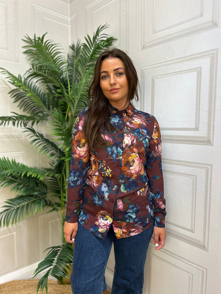 Guess Burgundy Floral Print Sheer Shirt