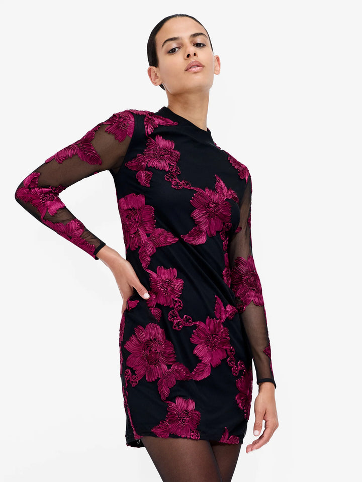 French Connection Lalitha Black Floral Applique Mini Dress