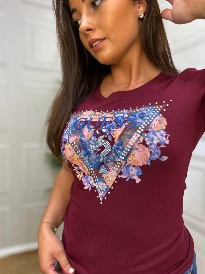 Guess Floral Triangle Logo T-Shirt Burgandy