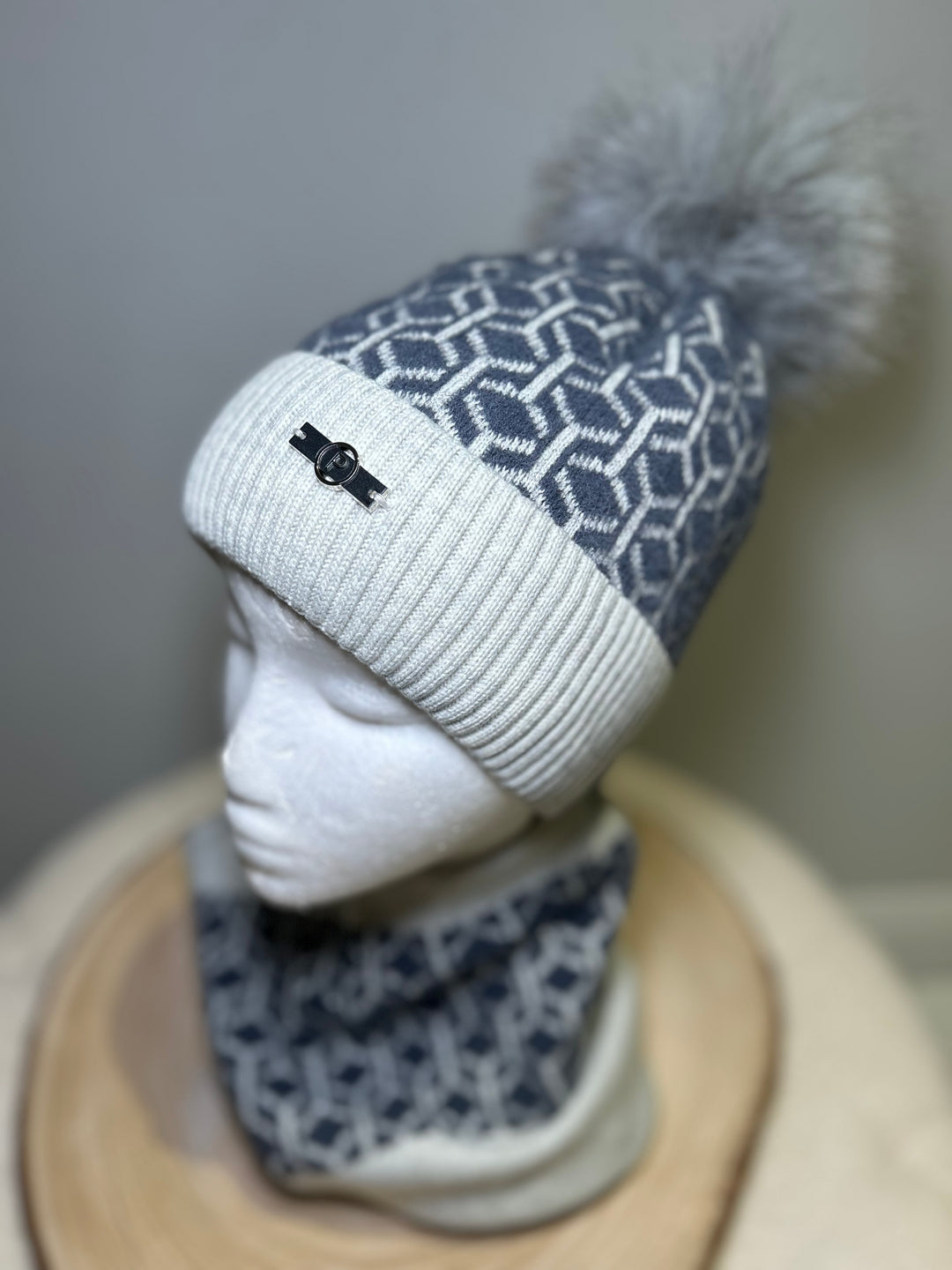 Perfect Hat & Snood Set - Grey Tone Geometric Pattern