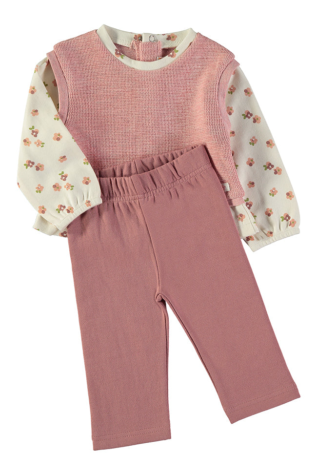 Babybol Faux-Layer Knit Vest Floral Top &amp; Leggings 2-Piece Set | Dusty Pink