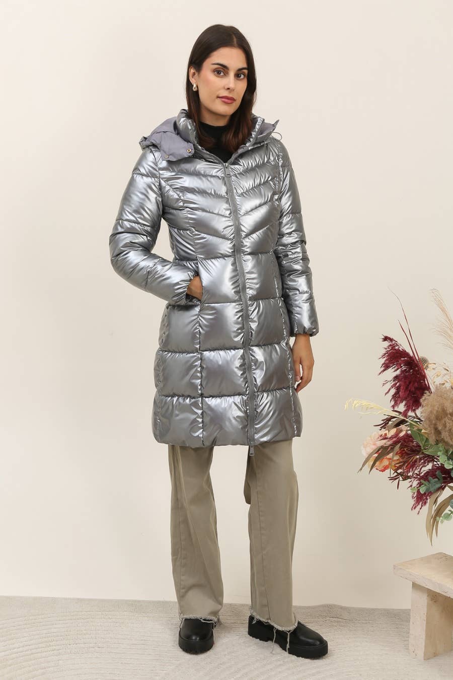 Priya Mid Length Puffer jacket Steel