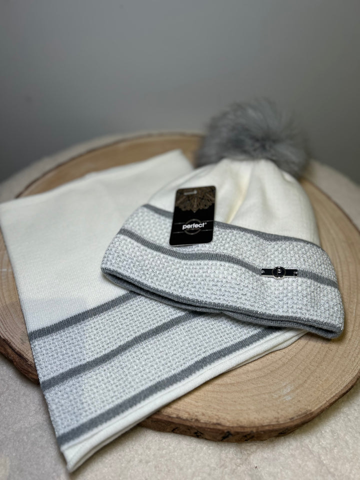 Perfect Hat & Snood Set – Winter White with Silver Grey Trim
