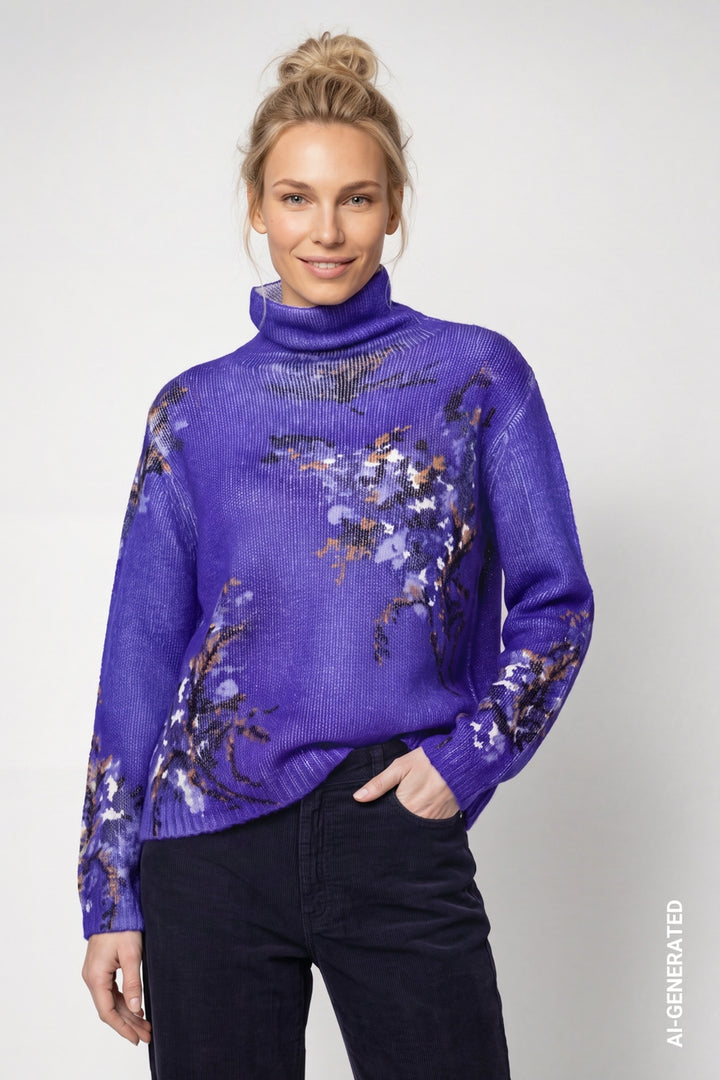 Monari Royal Blue Knitted Floral Pattern Jumper