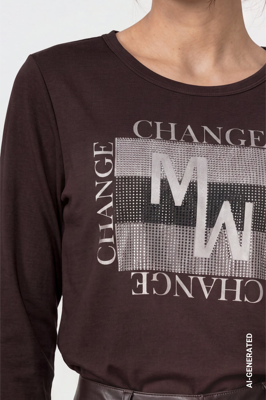 Monari Long Sleeve Black Coffee Top With Decorative Detailing