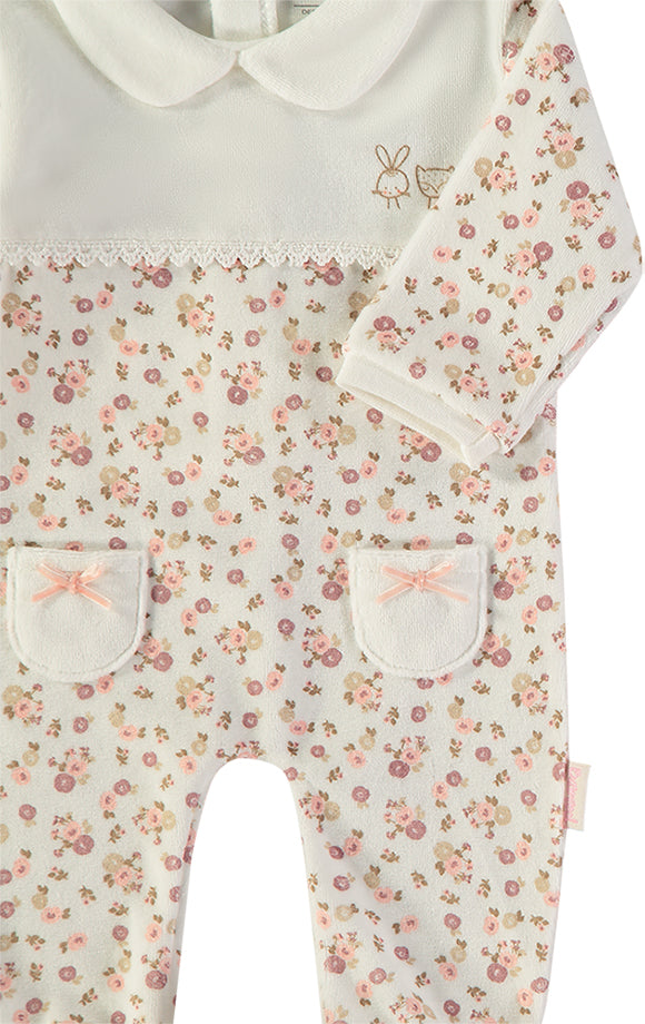 Babybol Baby Girl Floral Velour Sleepsuit with Embroidered Panel